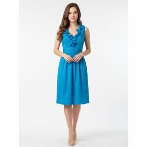 Sandra Darren Turquoise Blue Ruffle Dress Coquette Midi 10 Polka Dot Wedding